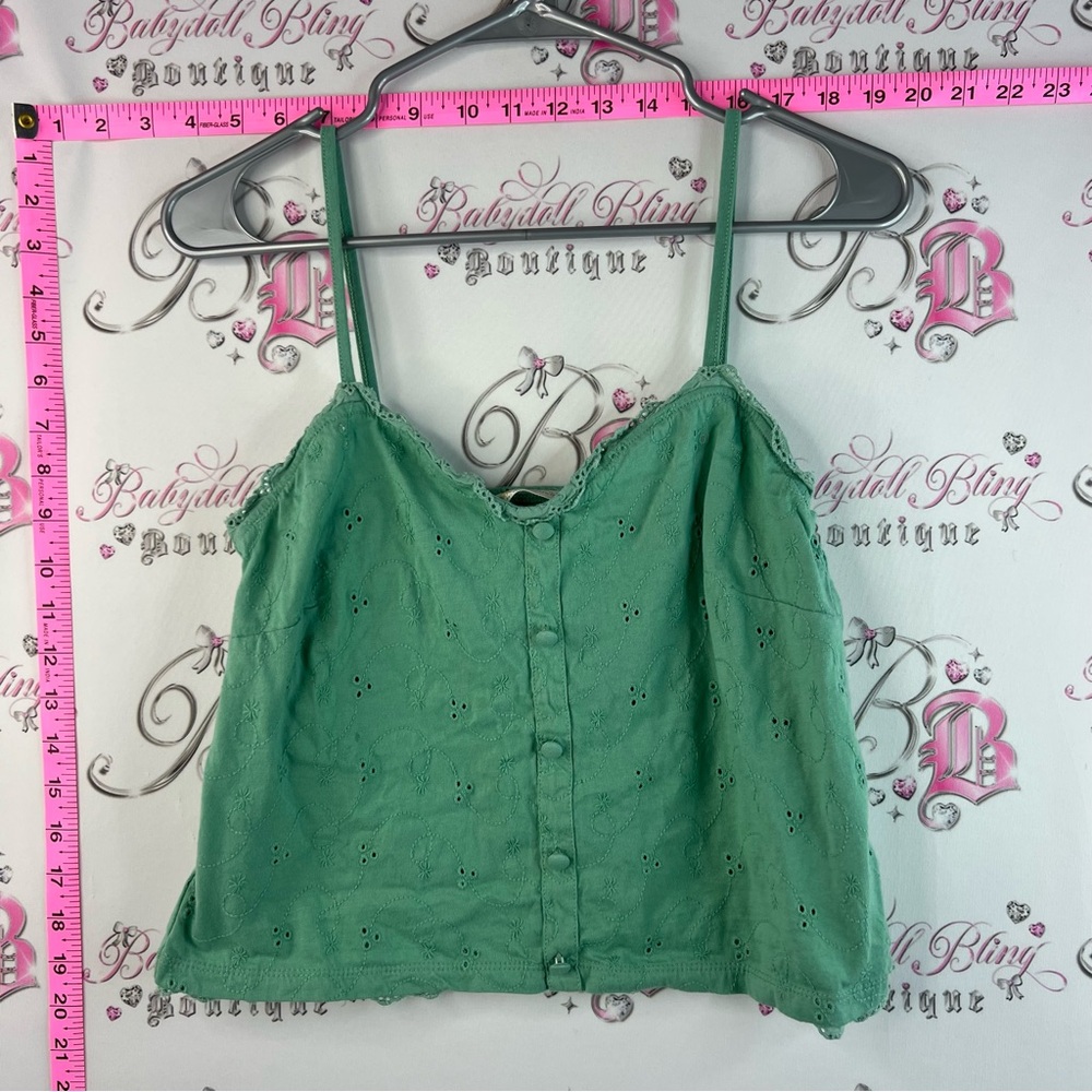 twik tank top cropped Mint Green Eyelet Lace-Trim Button Cami